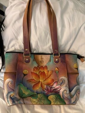 Anuschka Hand-Painted Lotus Leather Tote in Orange, Green, Purple